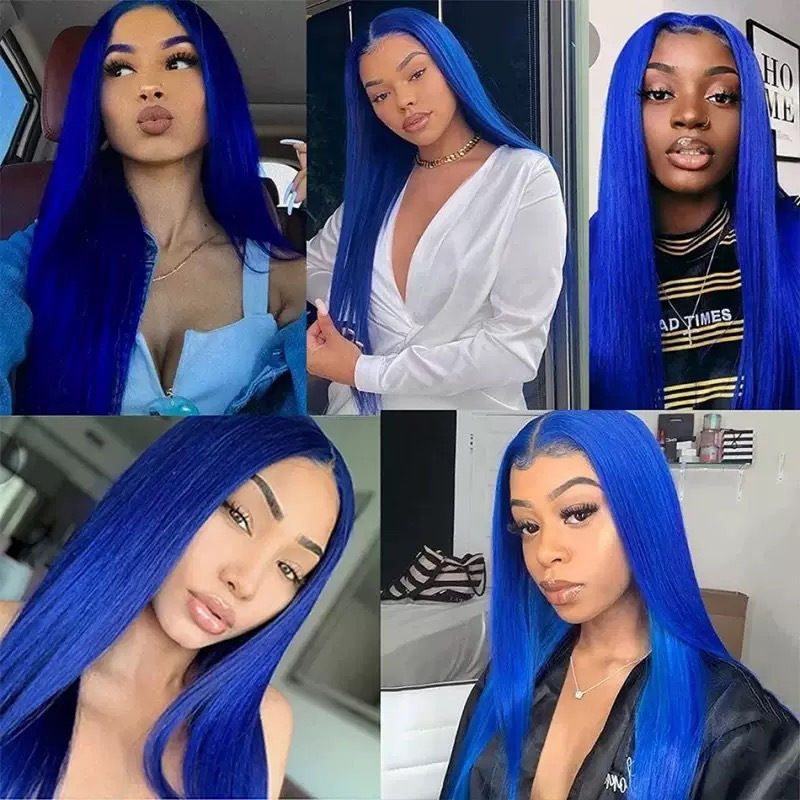 Wholesale Adjustable Blue 13x4 Lace Front Hairpiece Glue Black Straight Wig High Temperature Fiber Heat Resistant Natural