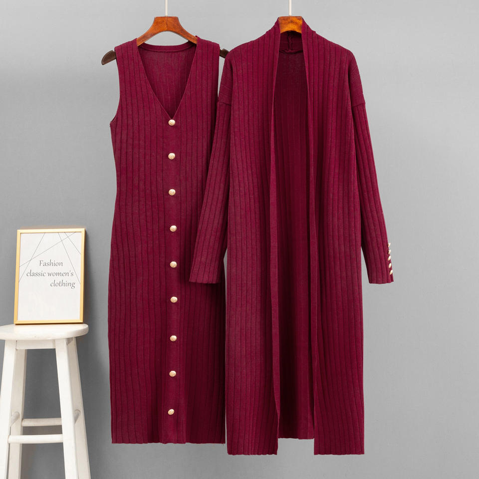 Ladies Suit Knitted Twinset V Neck Sleeveless Midi Dress Long Sleeve Cardigan Women's Clothing