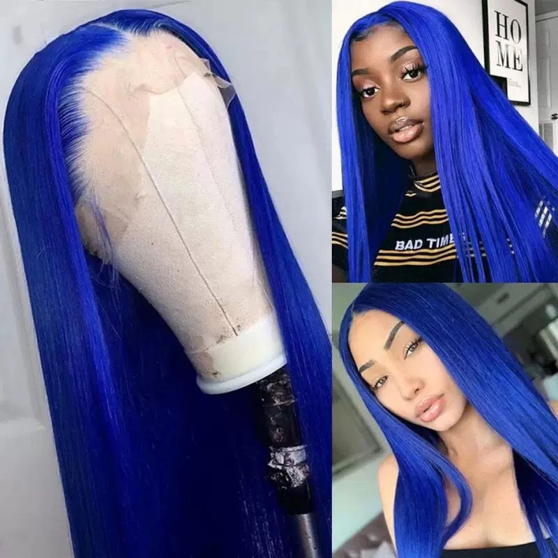Wholesale Adjustable Blue 13x4 Lace Front Hairpiece Glue Black Straight Wig High Temperature Fiber Heat Resistant Natural