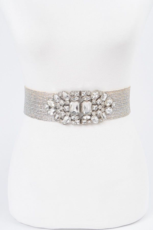 Final Sale Plus Size Silver Belt with Rhinestone Buckle Oval Multi Stone Metallic Straw Stretch Belt (Copy)