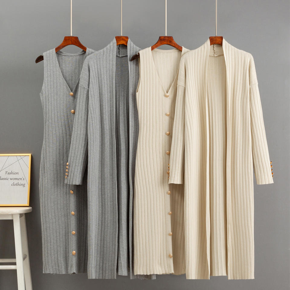 Ladies Suit Knitted Twinset V Neck Sleeveless Midi Dress Long Sleeve Cardigan Women's Clothing