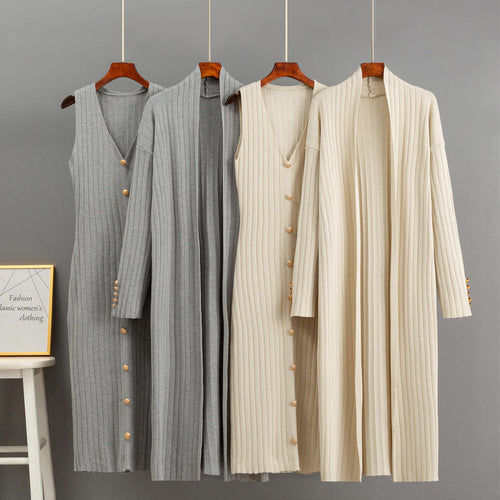 Ladies Suit Knitted Twinset V Neck Sleeveless Midi Dress Long Sleeve Cardigan Women's Clothing