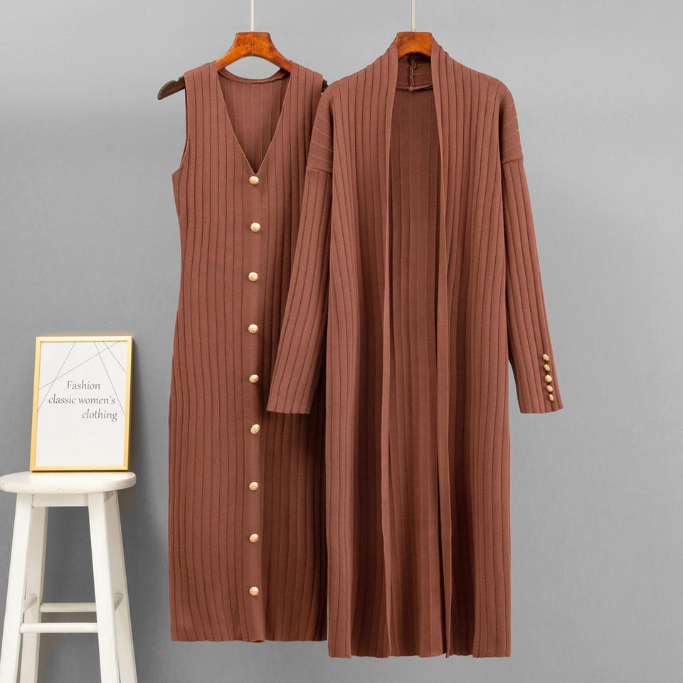 Ladies Suit Knitted Twinset V Neck Sleeveless Midi Dress Long Sleeve Cardigan Women's Clothing