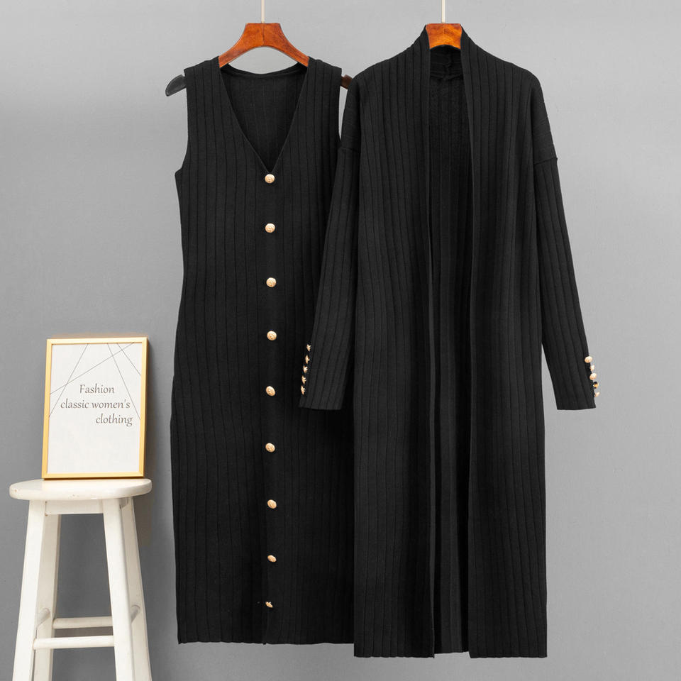 Ladies Suit Knitted Twinset V Neck Sleeveless Midi Dress Long Sleeve Cardigan Women's Clothing