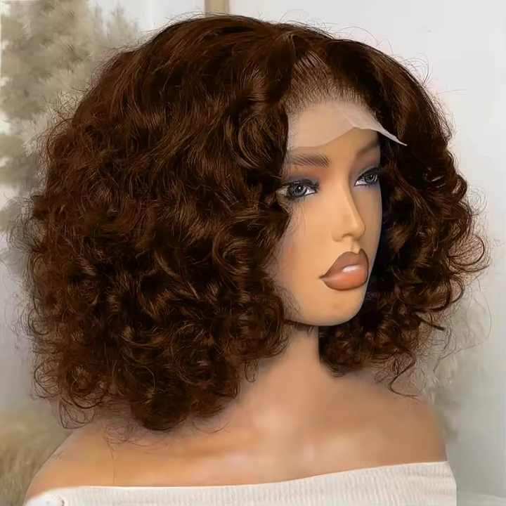Chocolate Brown Bouncy Wavy Lace Front Short Bob Wig Loose Body #4 Color HD Frontal Human Hair Wigs for Women