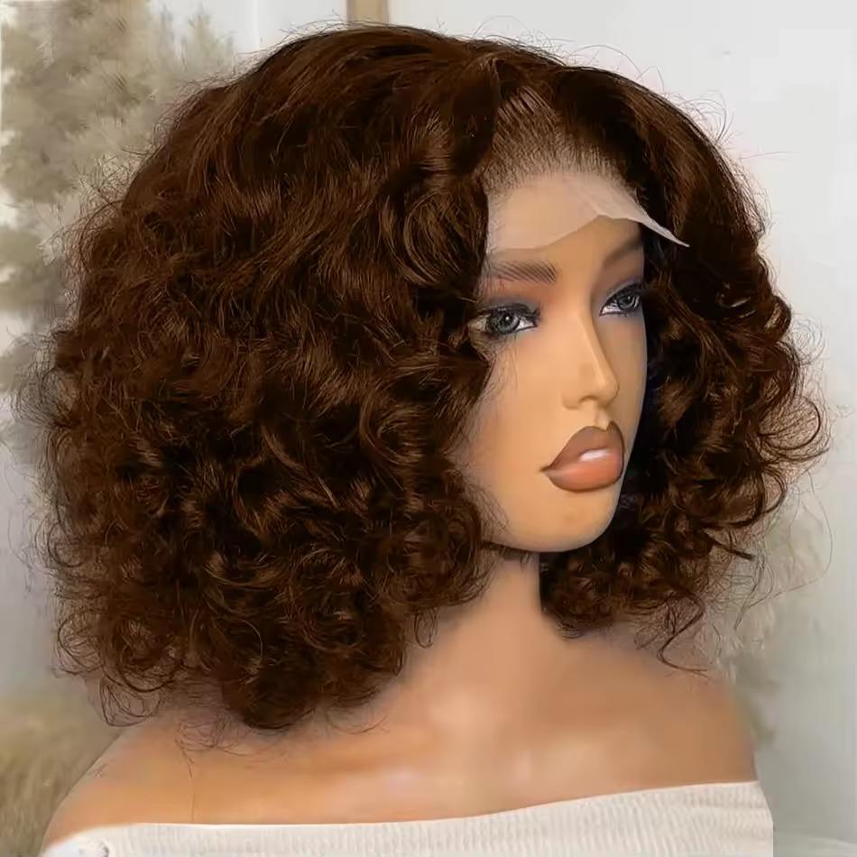 Chocolate Brown Bouncy Wavy Lace Front Short Bob Wig Loose Body #4 Color HD Frontal Human Hair Wigs for Women