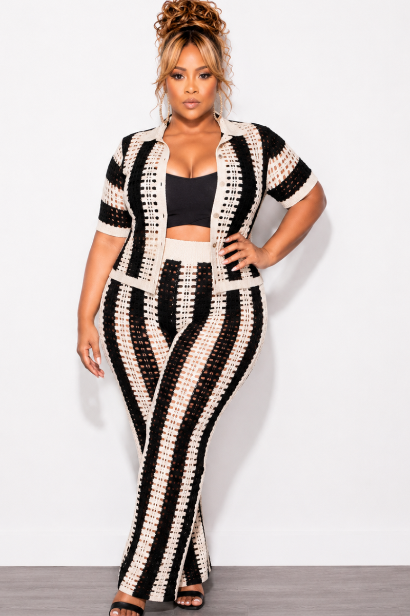 Final Sale Plus Size 2pc Crochet Pant Set in Black & Ivory
