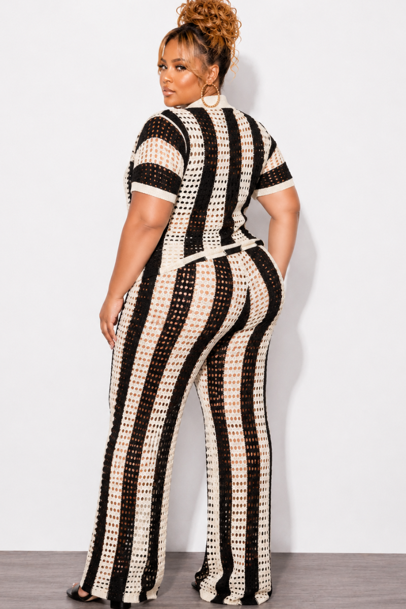 Final Sale Plus Size 2pc Crochet Pant Set in Black & Ivory