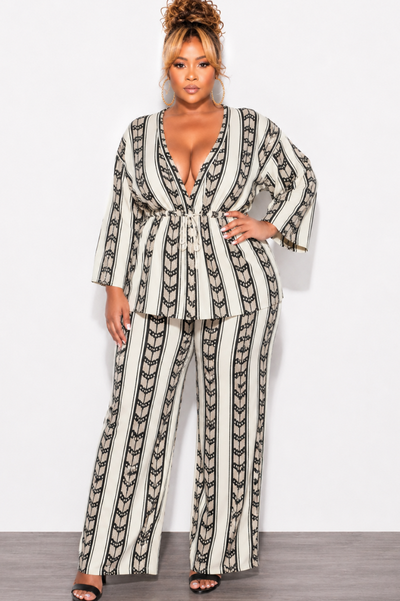 Final Sale Plus Size 2pc Linen Pant Set in Multi-Color Taupe Print
