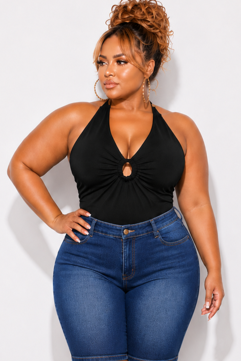 Final Sale Plus Size Halter Top in Black with Covered Gold Ring