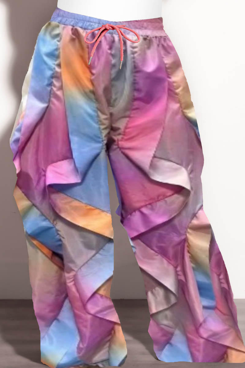 Final Sale Plus Size Wide Leg Drawstring Oversized Windbreaker Wavy Pants in Multi-Water Colors