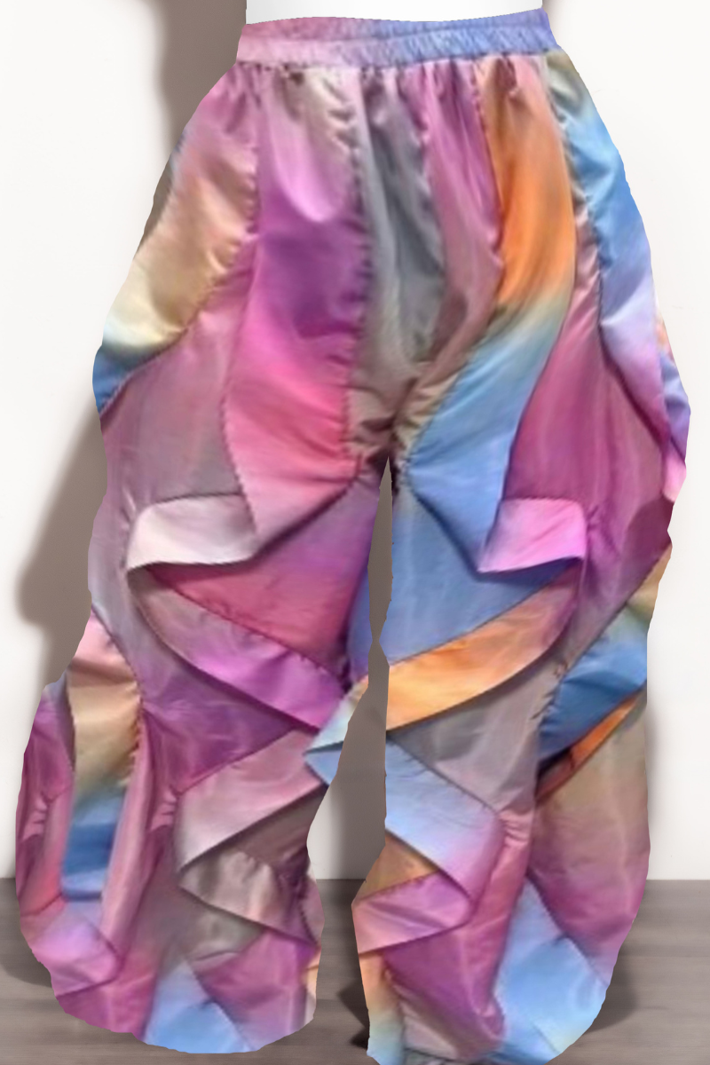 Final Sale Plus Size Wide Leg Drawstring Oversized Windbreaker Wavy Pants in Multi-Water Colors
