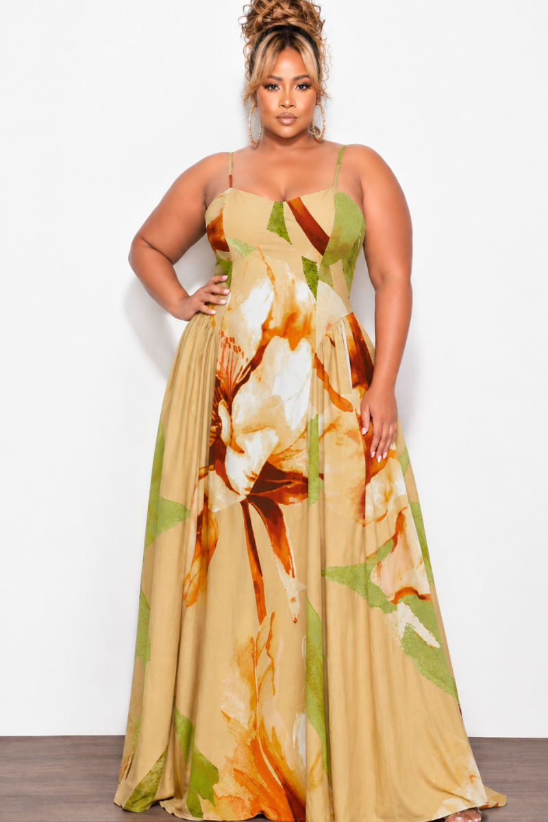 Final Sale Plus Size Floral Maxi Dress with Spaghetti Straps In Tan Multi-Color Print