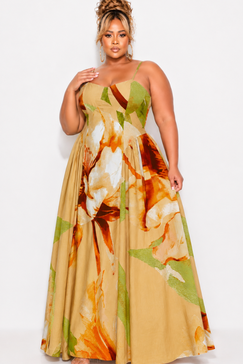 Final Sale Plus Size Floral Maxi Dress with Spaghetti Straps In Tan Multi-Color Print