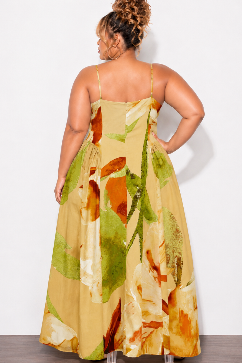 Final Sale Plus Size Floral Maxi Dress with Spaghetti Straps In Tan Multi-Color Print