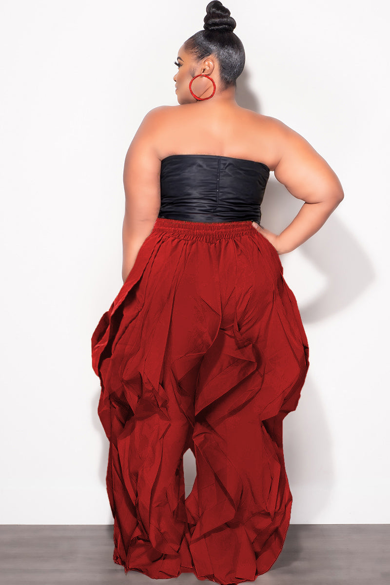 Final Sale Plus Size Wide Leg Drawstring Oversized Windbreaker Wavy Pants in Dark Red