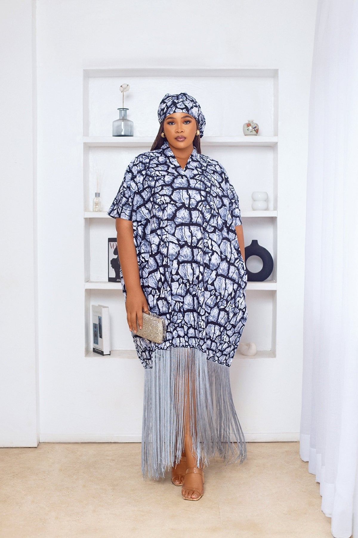 Baddie African Print Boubou Fringe Dress (Grey)