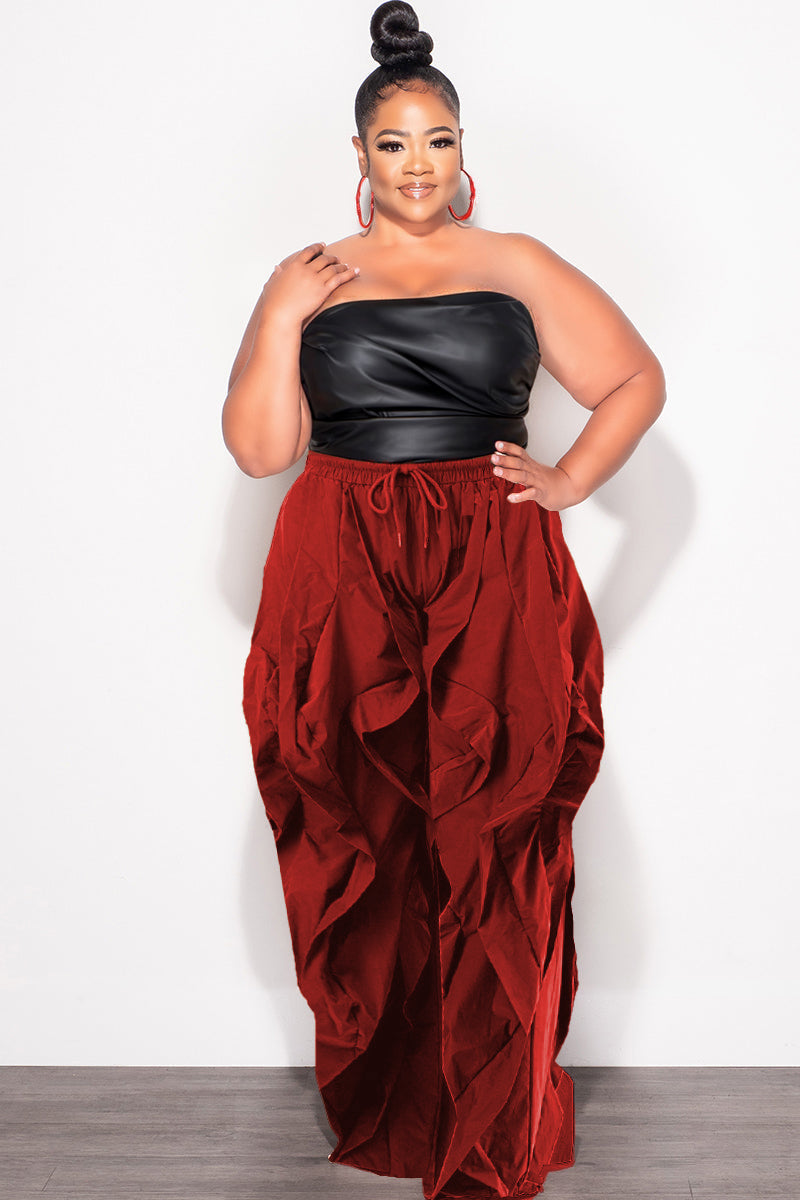 Final Sale Plus Size Wide Leg Drawstring Oversized Windbreaker Wavy Pants in Dark Red