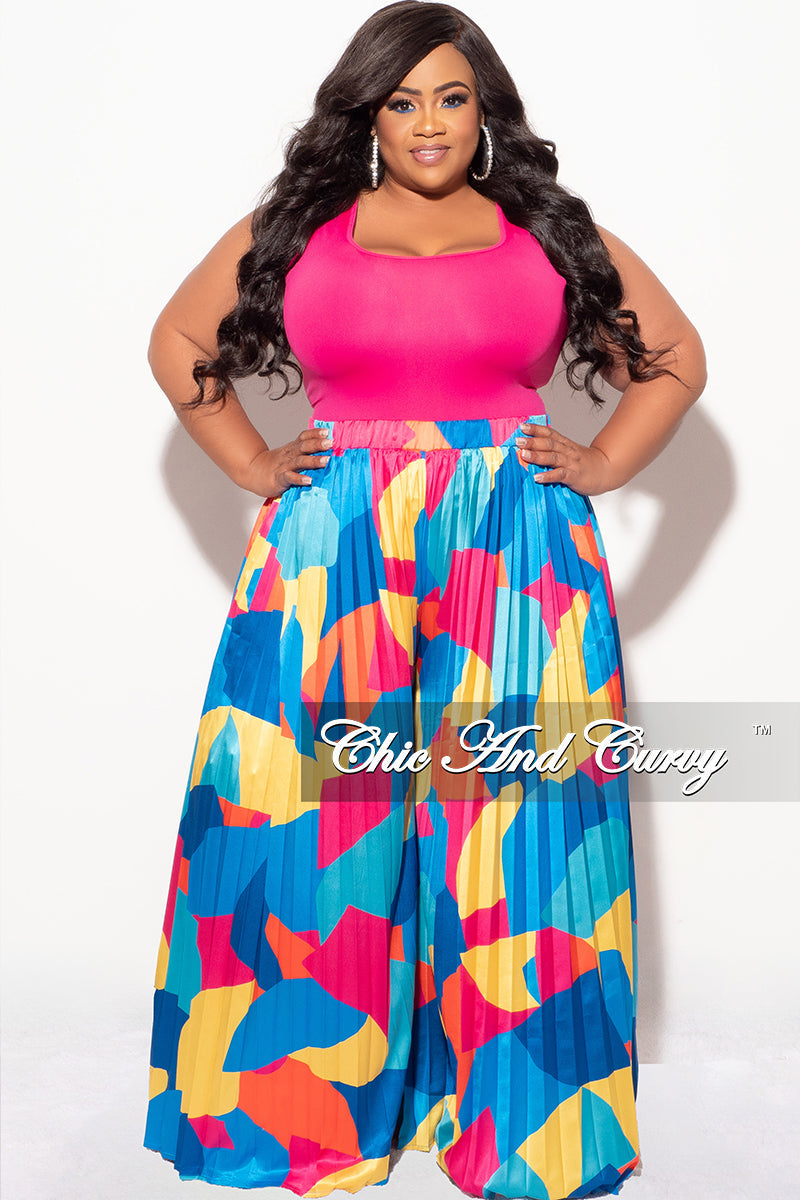 Final Sale Plus Size Satin Palazzo Pleated Pants in Royal Blue Multi Color Design Print