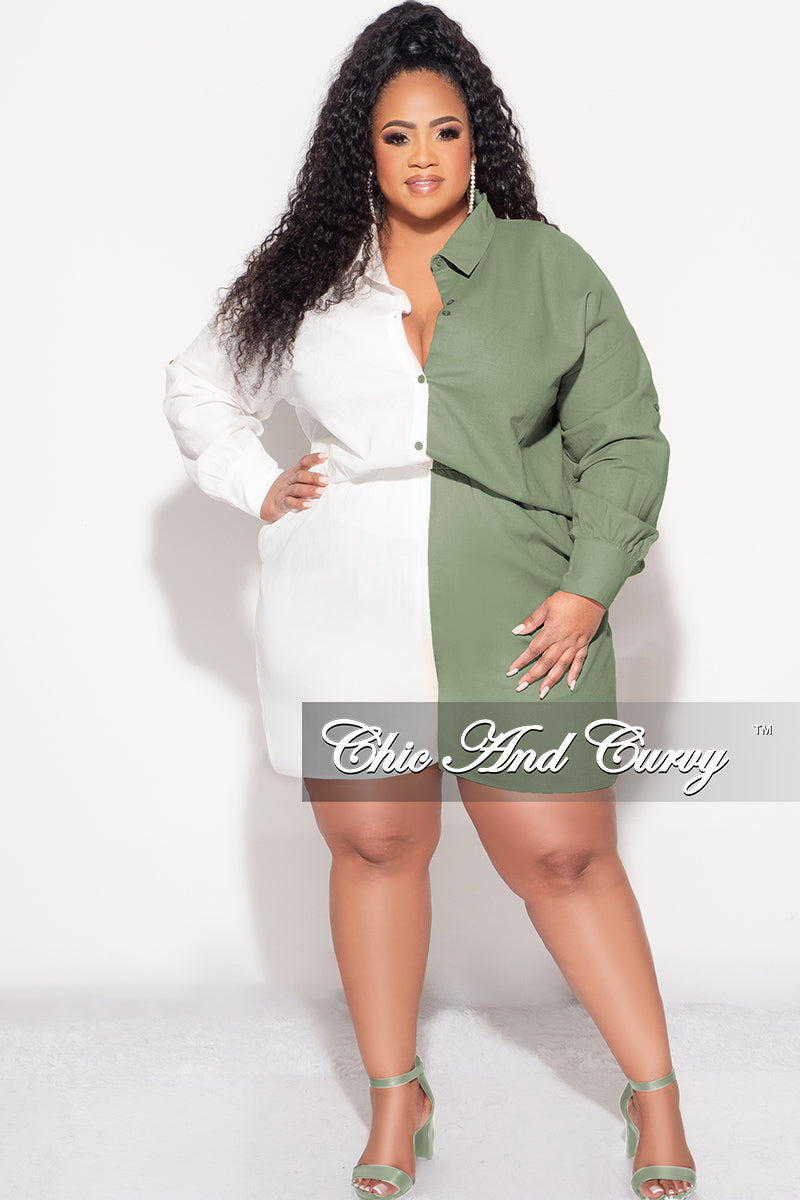 Final Sale Plus Size 2pc Collar Button Up Top and Short Set in Olive and White