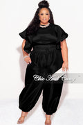Final Sale Plus 2pc Ruffle Top and Balloon Pants Set in Black