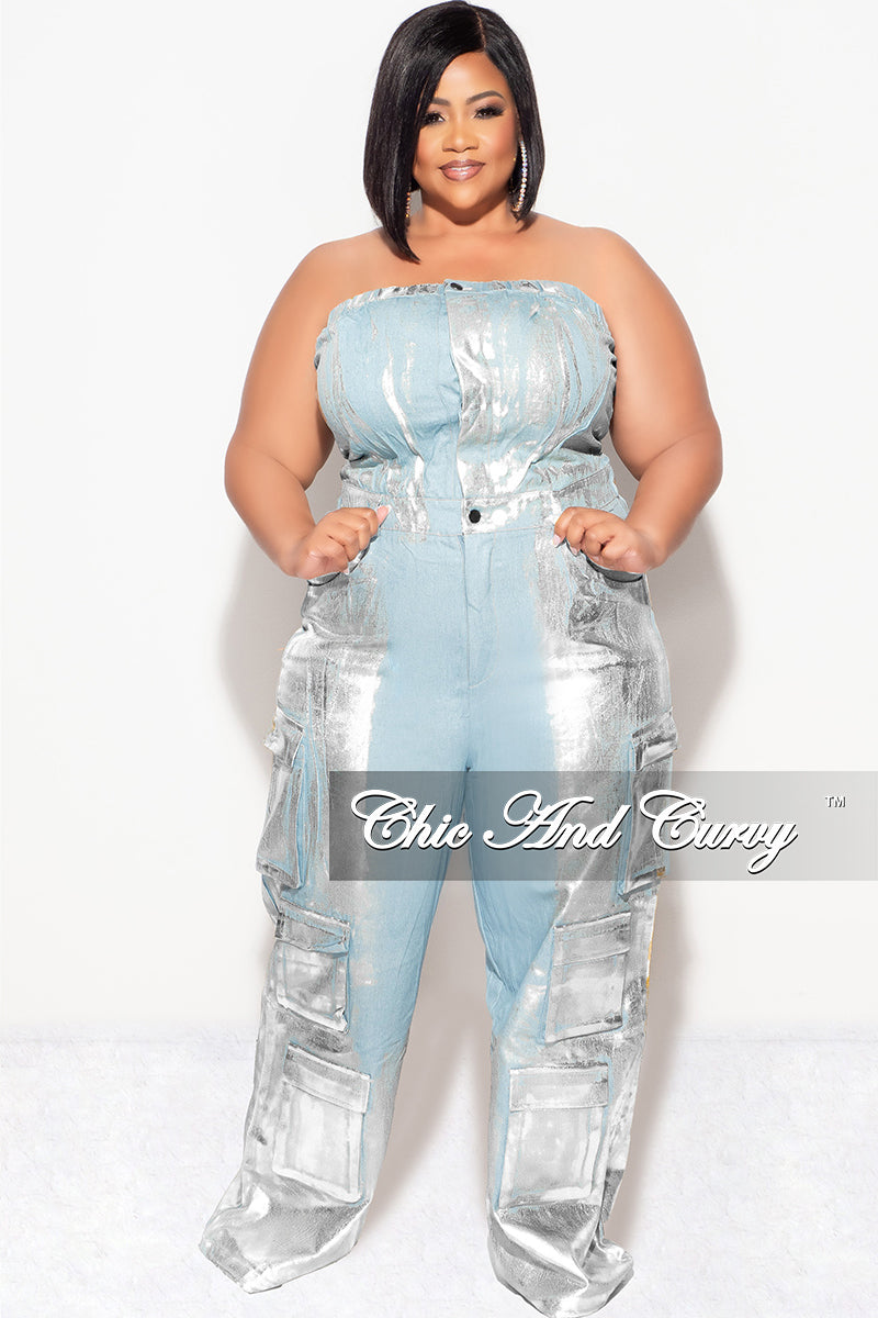 Final Sale Plus Size Cargo Jumpsuit in Denim Silver Foil