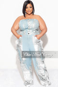Final Sale Plus Size Cargo Jumpsuit in Denim Silver Foil