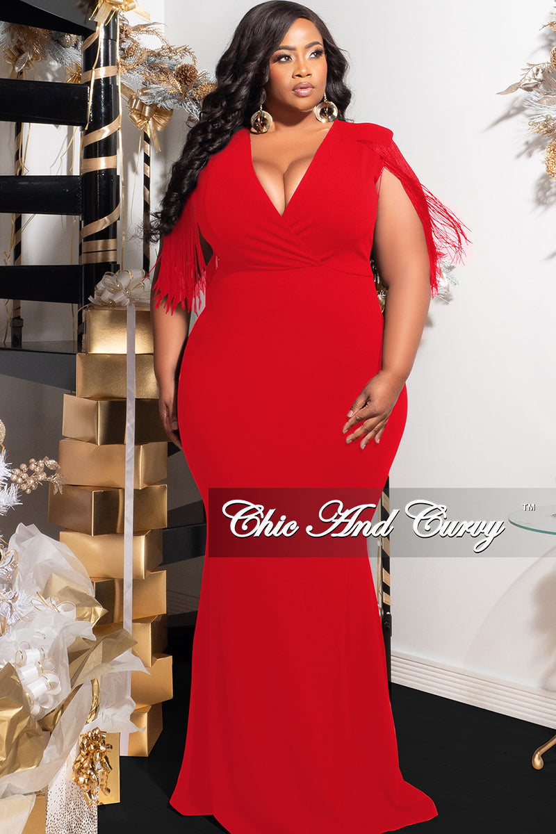 Final Sale Plus Size Fringe Shoulder Gown in Red