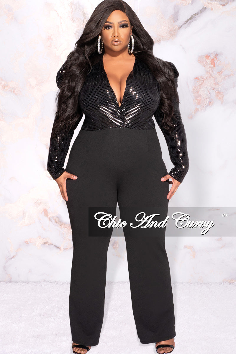 Available Online Only - Final Sale Plus Size Faux Flat Sequin Jumpsuit in Black