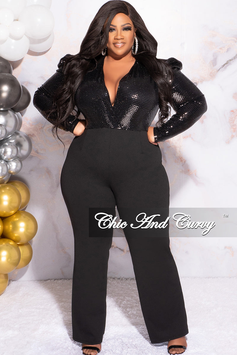 Available Online Only - Final Sale Plus Size Faux Flat Sequin Jumpsuit in Black