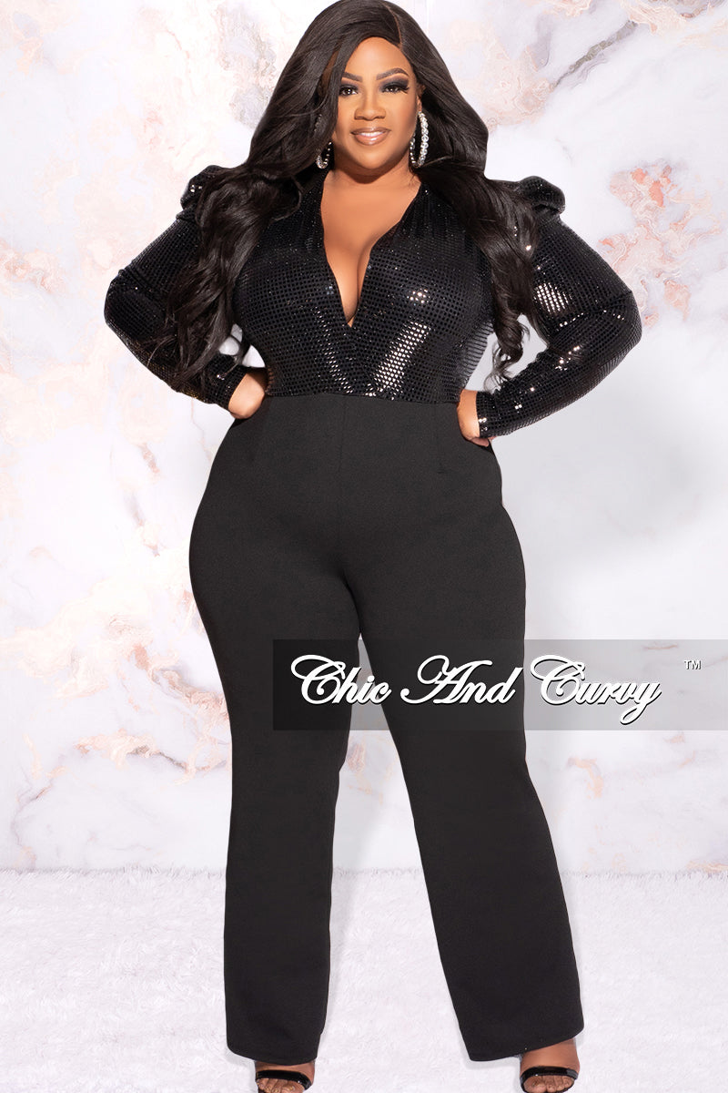 Available Online Only - Final Sale Plus Size Faux Flat Sequin Jumpsuit in Black