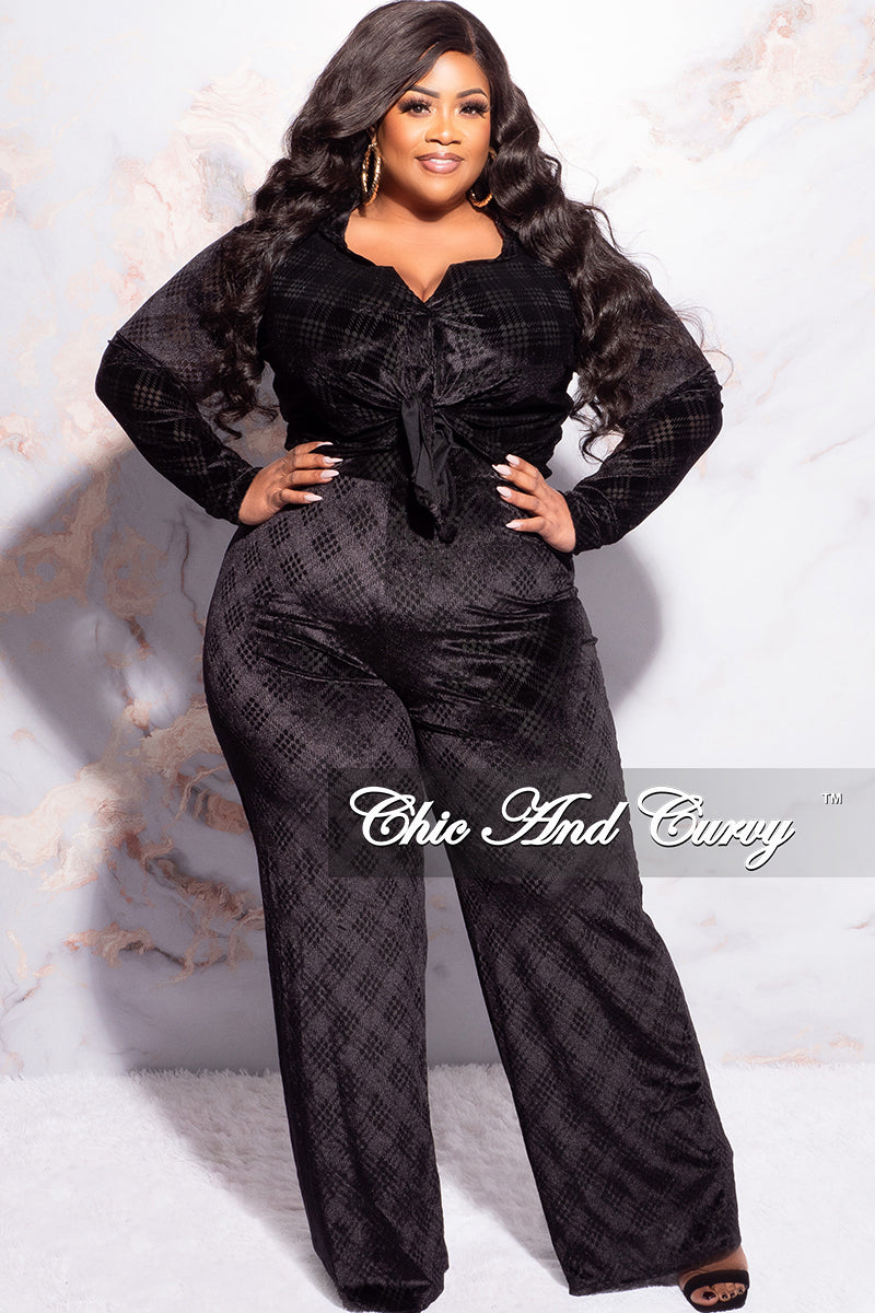 Final Sale Plus Size 2pc Velvet Crop Top and Pants Set in Black