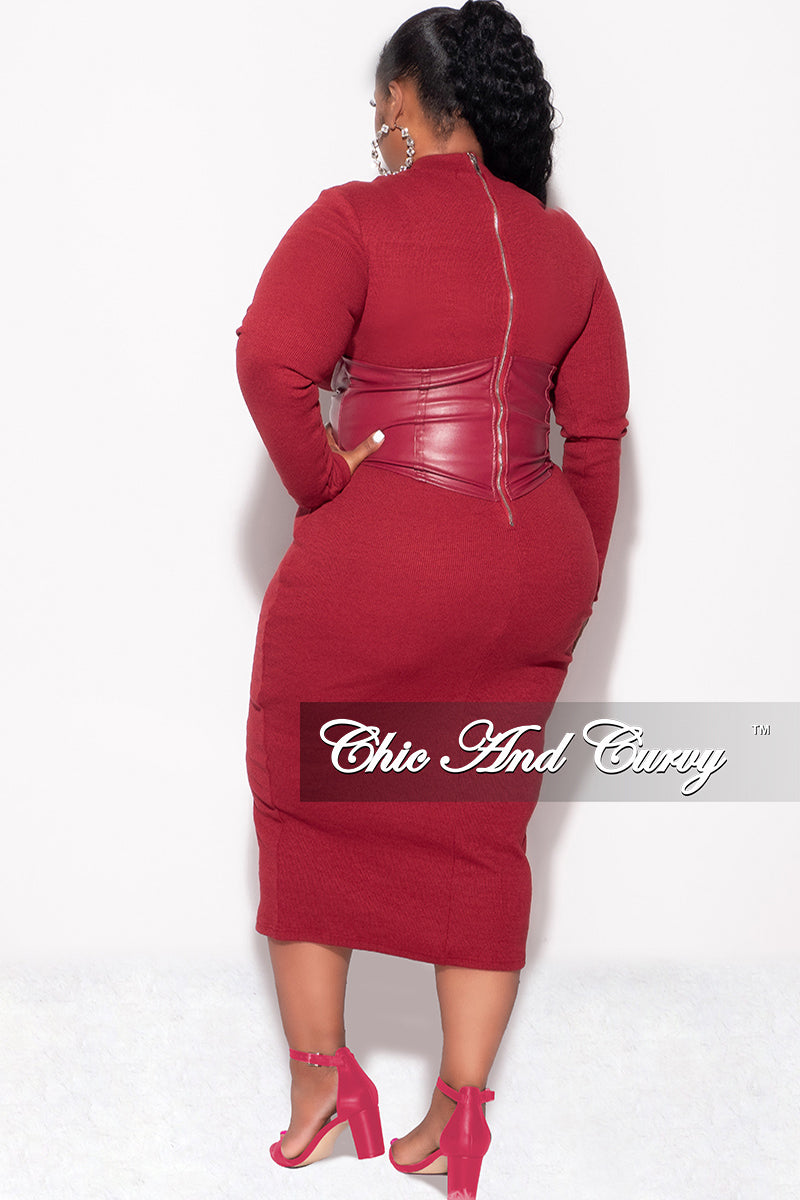 Final Sale Plus Size Thick Knit Sweater Dress with Faux Leather Corset Waist Midi Dress in Burgundy