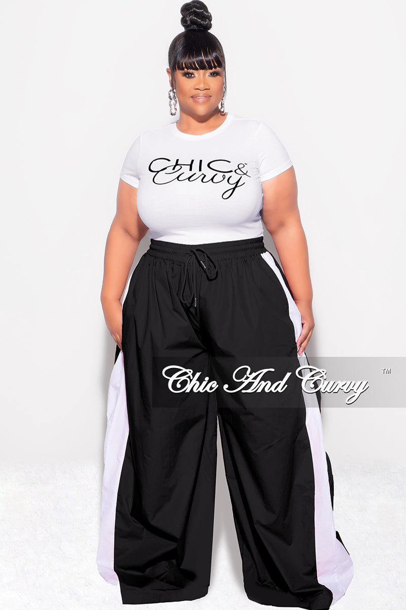 Final Sale Plus Size Oversized Varsity Windbreaker Striped Wide Leg Pants in Black and White