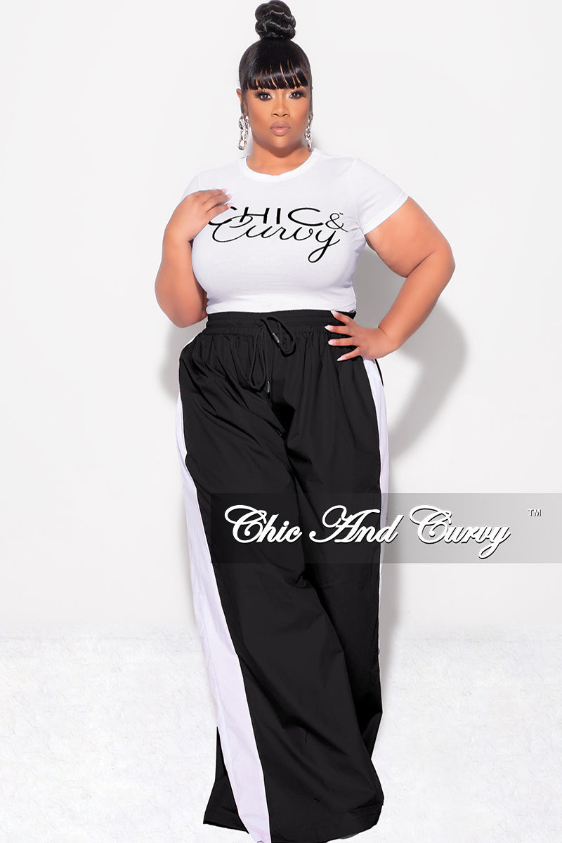 Final Sale Plus Size Oversized Varsity Windbreaker Striped Wide Leg Pants in Black and White