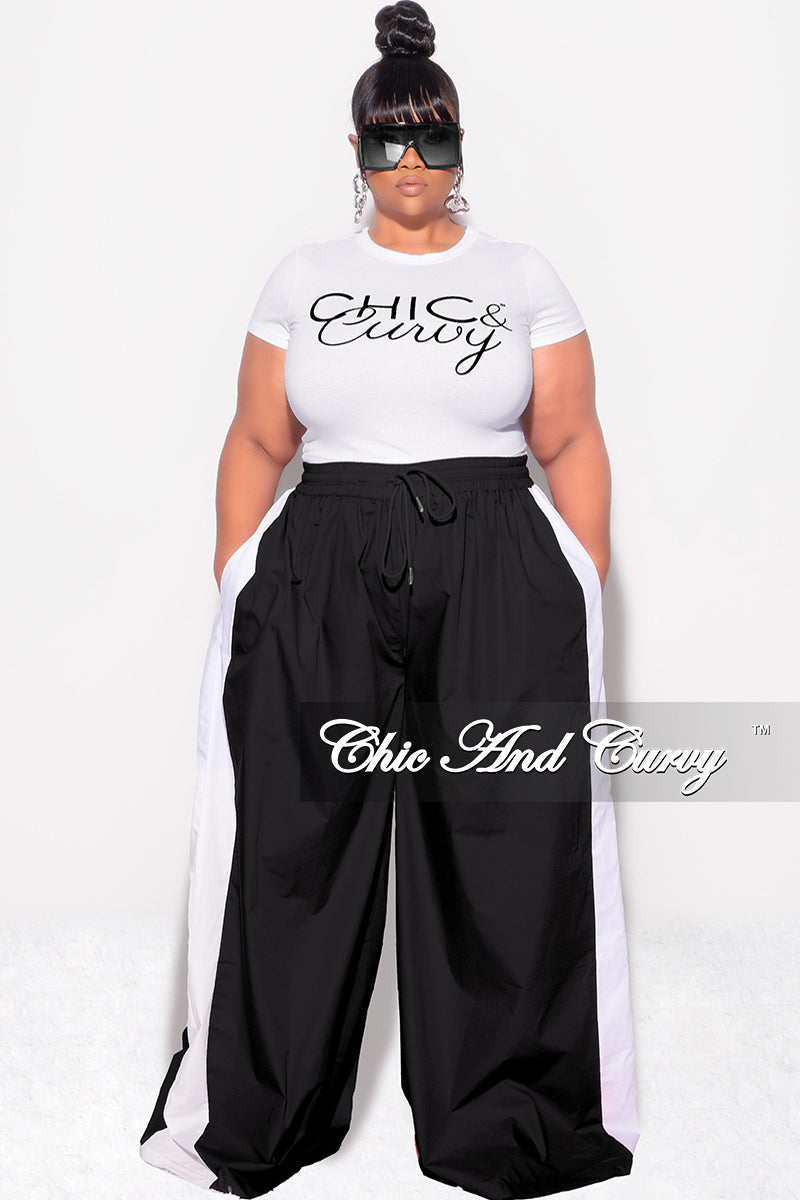 Final Sale Plus Size Oversized Varsity Windbreaker Striped Wide Leg Pants in Black and White