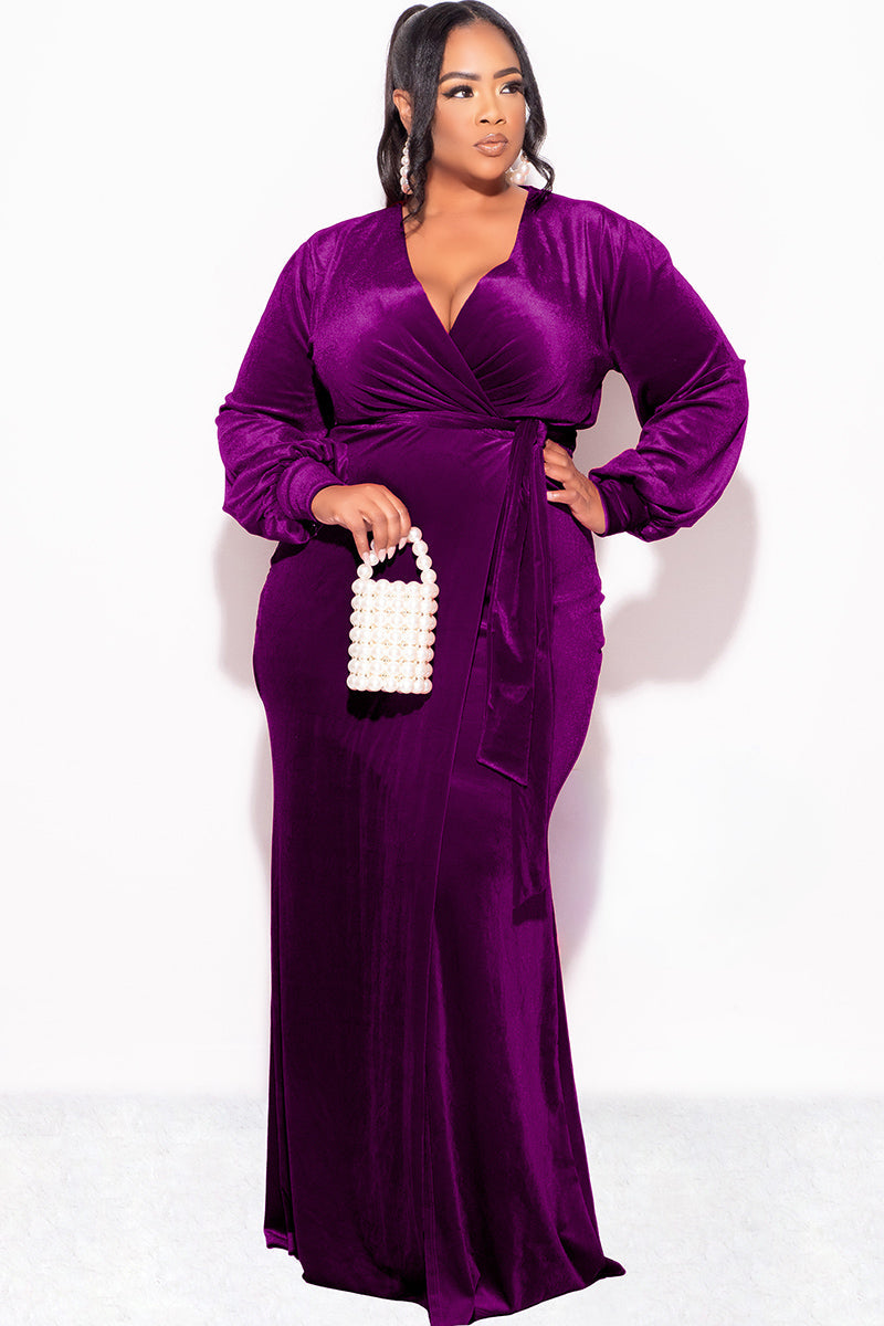 Final Sale Plus Size Faux Wrap Gown with Tie Belt in Eggplant Purple Velvet