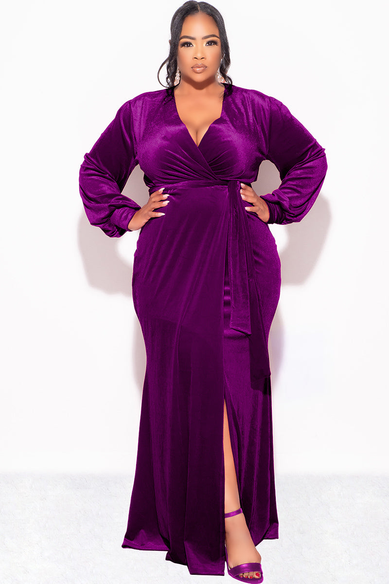 Final Sale Plus Size Faux Wrap Gown with Tie Belt in Eggplant Purple Velvet