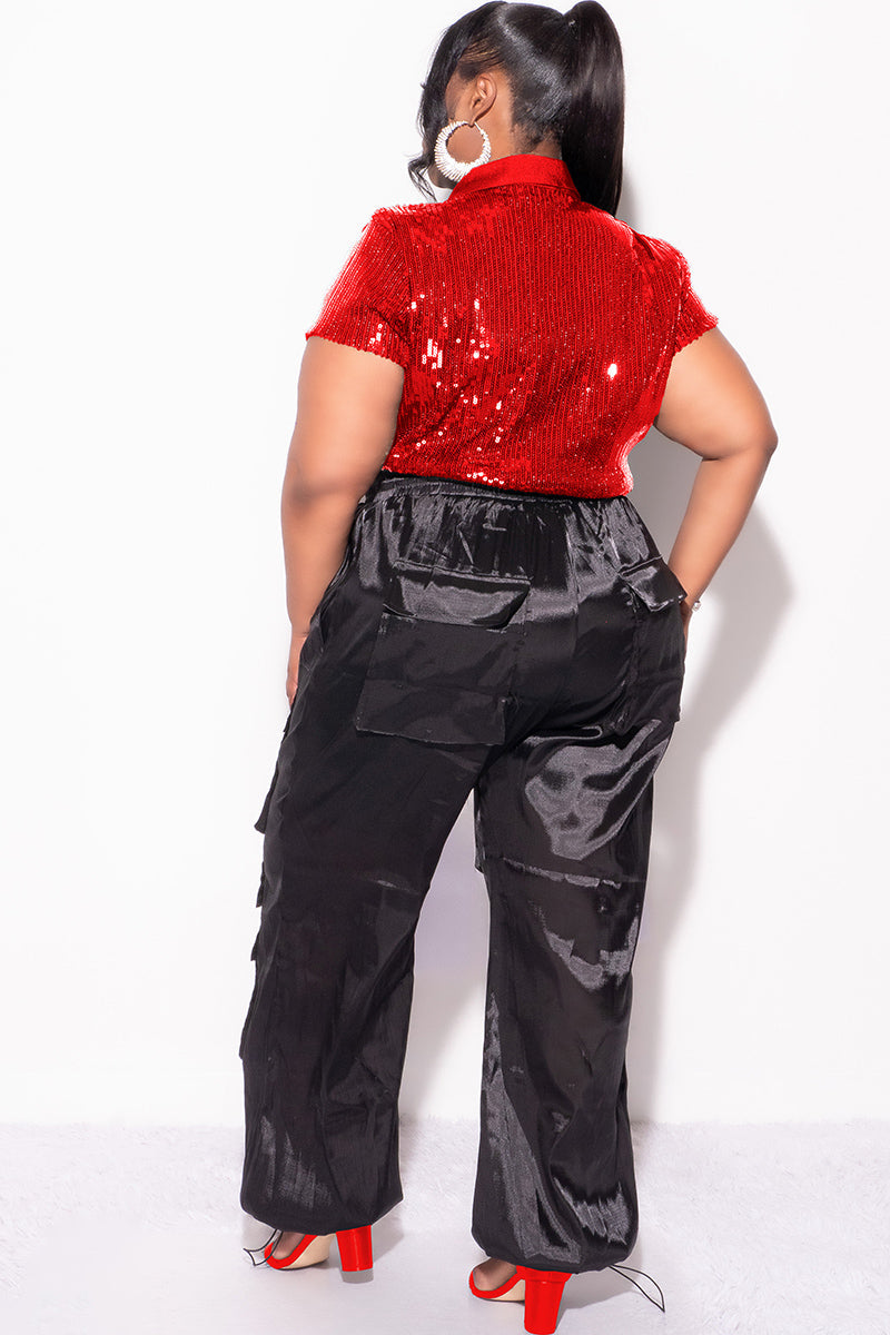 Final Sale Plus Size Collar Sequin Top in Red