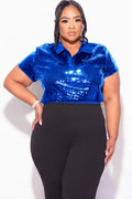 Final Sale Plus Size Collar Sequin Top in Royal Blue