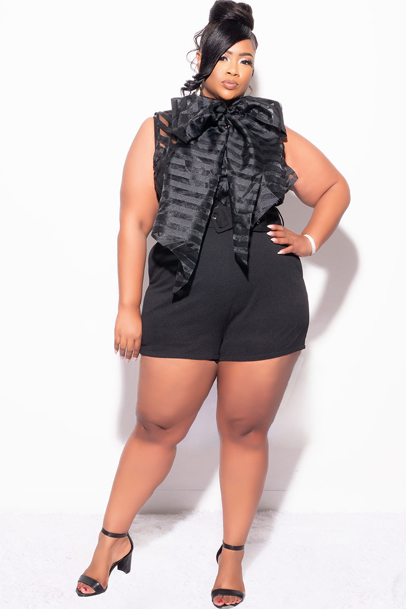 Final Sale Plus Size Chiffon Bow Stripe Romper in Black