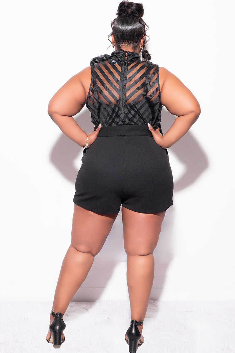 Final Sale Plus Size Chiffon Bow Stripe Romper in Black