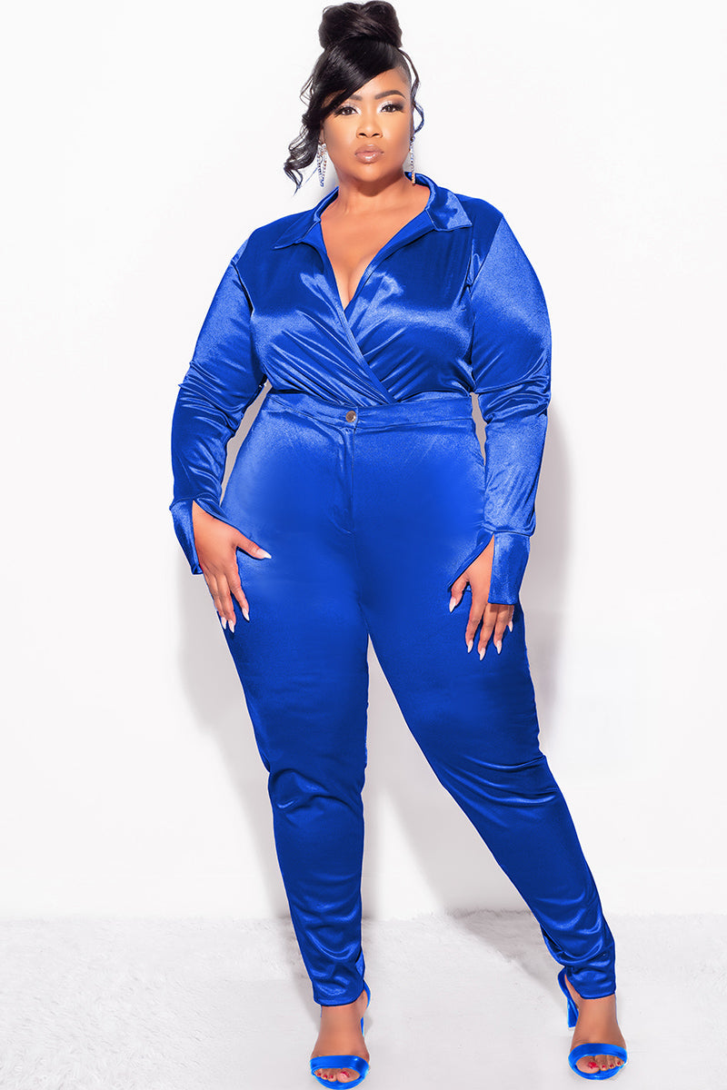 Final Sale Plus Size 2-Piece Satin Collared Faux Wrap Bodysuit and Pants Set in Royal Blue