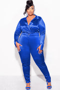 Final Sale Plus Size 2-Piece Satin Collared Faux Wrap Bodysuit and Pants Set in Royal Blue