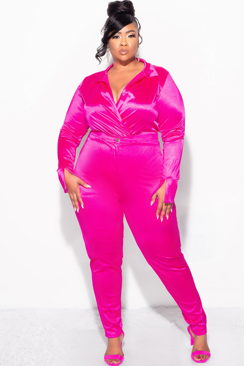 Final Sale Plus Size 2-Piece Satin Collared Faux Wrap Bodysuit and Pants Set in Fuchsia