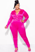 Final Sale Plus Size 2-Piece Satin Collared Faux Wrap Bodysuit and Pants Set in Fuchsia