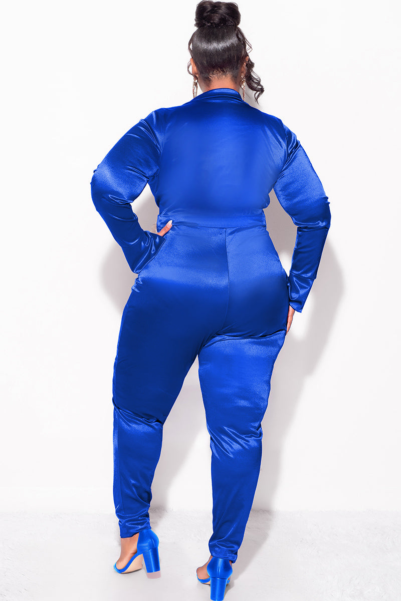 Final Sale Plus Size 2-Piece Satin Collared Faux Wrap Bodysuit and Pants Set in Royal Blue