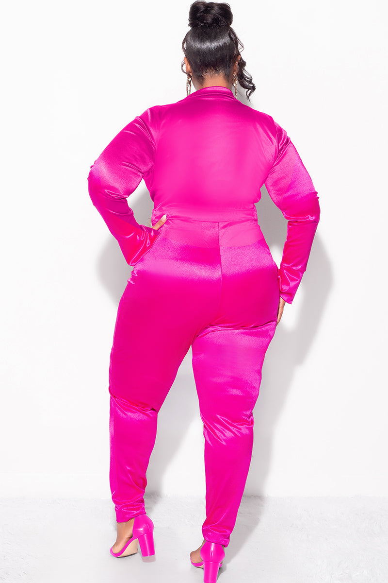 Final Sale Plus Size 2-Piece Satin Collared Faux Wrap Bodysuit and Pants Set in Fuchsia