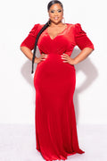 Final Sale Plus Size V-Neck Gown with Puffed Sleeves in Red Velvet