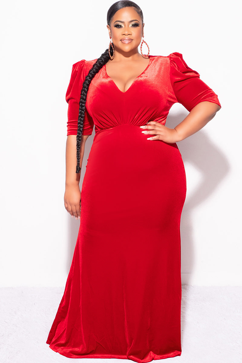 Final Sale Plus Size V-Neck Gown with Puffed Sleeves in Red Velvet